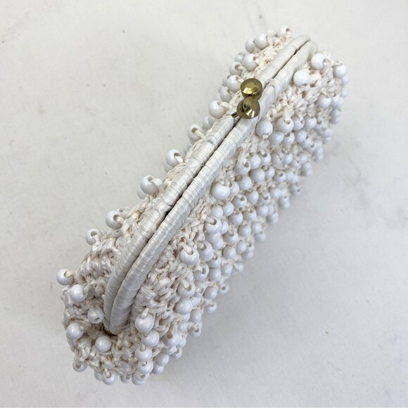 Vintage 60s Ritter White Raffia Plastic Beaded Purse Handbag Mod Hippie Wedding - Picture 12 of 15